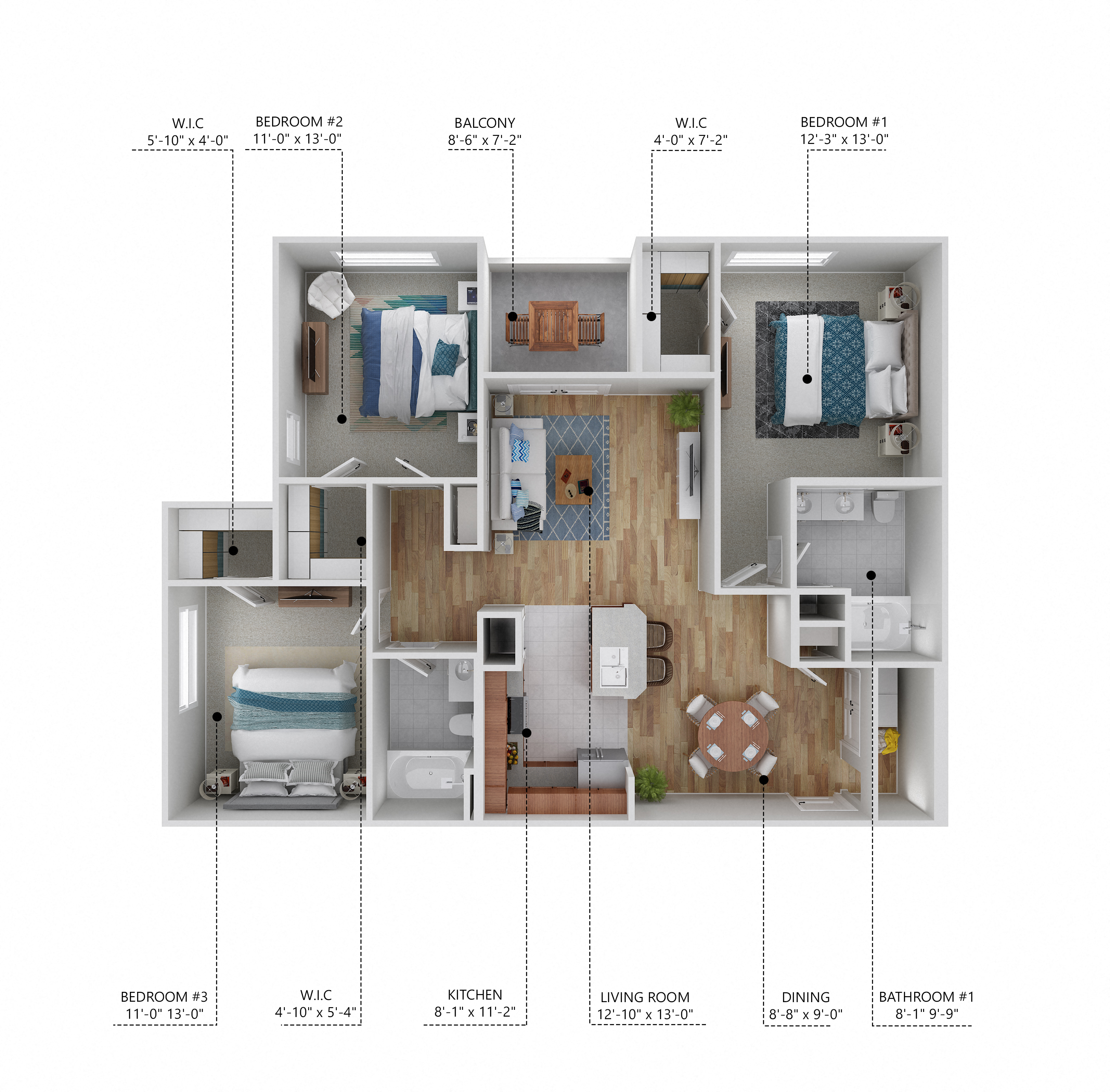 Floor plan for 3 beds, 2 baths, 1260 sqft